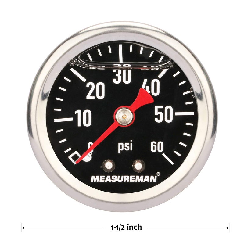MEASUREMAN Fuel Pressure Gauge 0-60psi 1.5" Dial, 1/8" NPT Back, Stainless Steel Case, Brass Inside, Glycerin Filled, Black Dial - Image 4